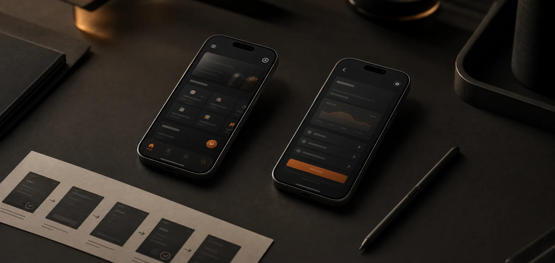Due smartphone su tavolo scuro con interfacce mobile in dark mode e bozzetti di flusso accanto