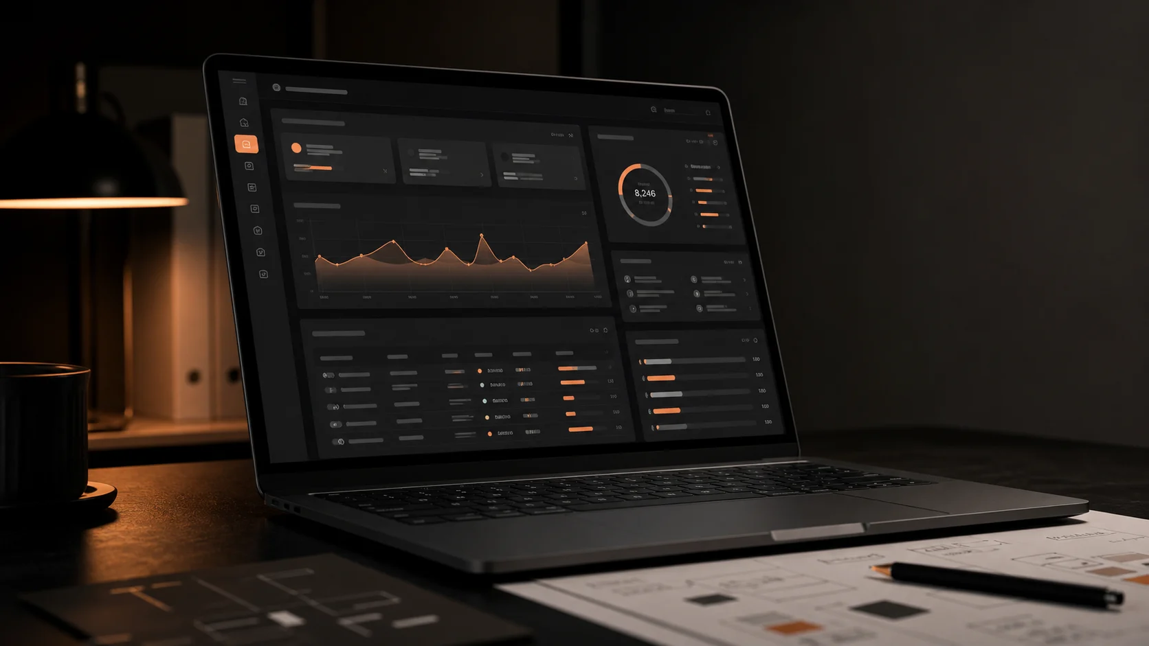 Laptop su tavolo scuro con dashboard web in dark mode, grafici, schede prodotto e accenti arancioni